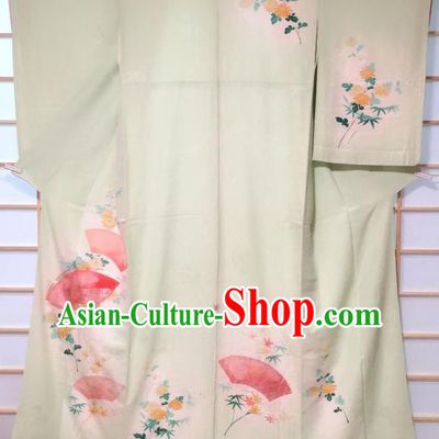 Traditional Japanese Light Green Tsukesage Kimono Japan Classical Chrysanthemum Fan Pattern Yukata Dress Costume for Women