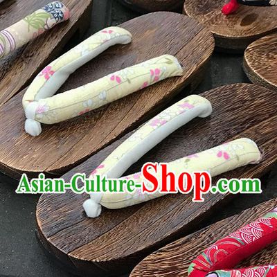Traditional Japanese Classical Sakura Pattern Light Yellow Flip Flops Slippers Geta Asian Japan Clogs Shoes for Women