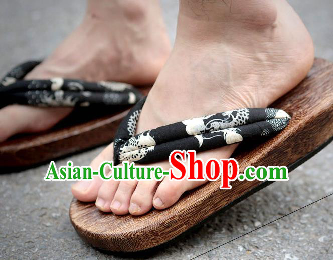 Traditional Japanese Dragon Pattern Black Geta Slippers Asian Japan Clogs Shoes for Men Traditional Japanese Dragon Pattern Black Geta Slippers Asian Japan Clogs Shoes for Men