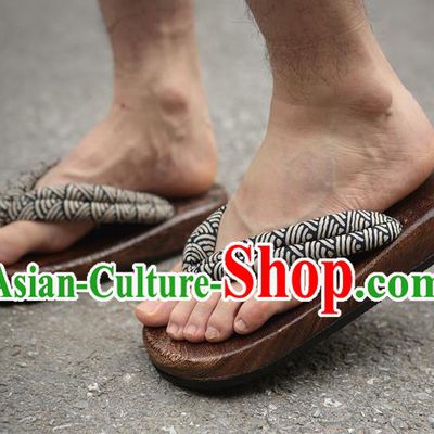 Traditional Japanese Wave Pattern Black Geta Slippers Asian Japan Clogs Shoes for Men