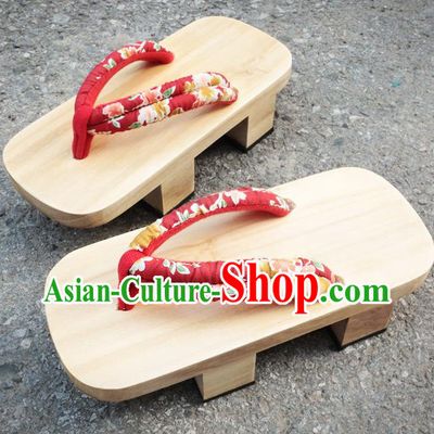 Traditional Japanese Classical Cherry Pattern Red Bidentate Clogs Flip Flops Slippers Asian Japan Geta Shoes for Women