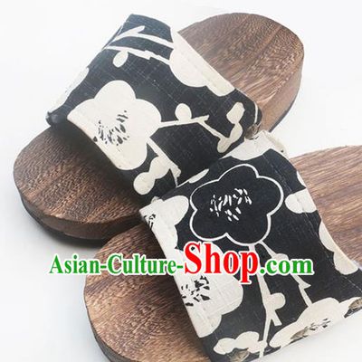 Traditional Japanese Classical Plum Pattern Black Clogs Wood Slippers Asian Japan Geta Shoes for Women