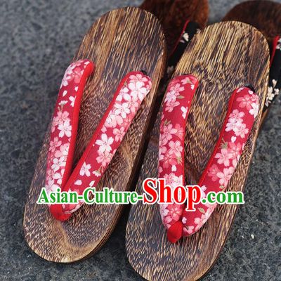 Traditional Japanese Classical Sakura Pattern Purplish Red Flip Flops Slippers Geta Asian Japan Clogs Shoes for Women