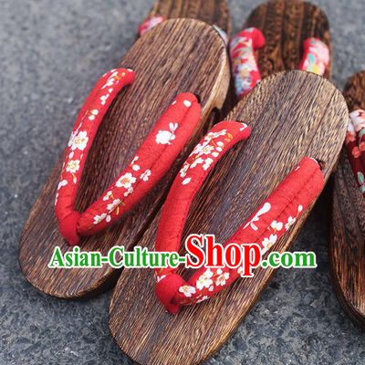 Traditional Japanese Classical Sakura Pattern Red Flip Flops Slippers Geta Asian Japan Clogs Shoes for Women