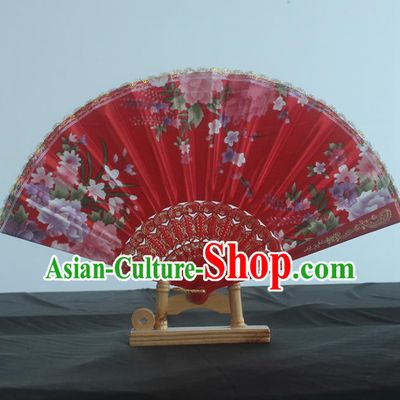 Handmade Chinese Traditional Wedding Red Folding Fan Printing Peony Fans