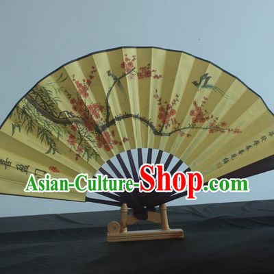 Handmade Chinese Traditional Wedding Yellow Folding Fan Printing Plum Fans
