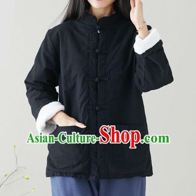 Traditional Chinese Tang Suit Black Cotton Padded Jacket Li Ziqi Costume for Women