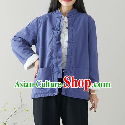 Traditional Chinese Tang Suit Blue Cotton Padded Jacket Li Ziqi Costume for Women