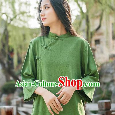 Traditional Chinese Tang Suit Green Flax Slant Opening Shirt Li Ziqi Blouse Upper Outer Garment Costume for Women