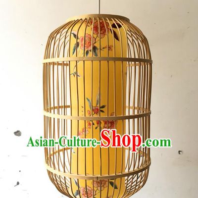 Traditional Chinese Printing Peach Blossom Yellow Hanging Lanterns Handmade Lantern Bamboo Art Scaldfish Lamp
