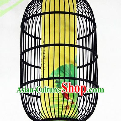 Traditional Chinese Printing Lotus Black Hanging Lanterns Handmade Lantern Bamboo Art Scaldfish Lamp