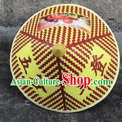 Handmade Chinese Printing Yellow Straw Hat Traditional Bamboo Hat Craft