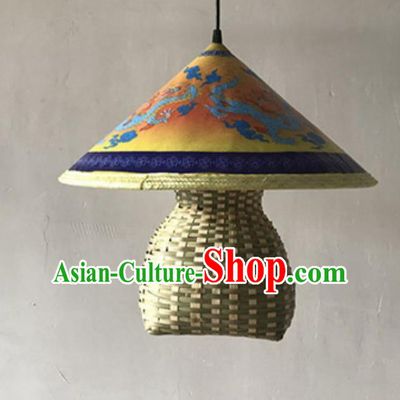 Handmade Chinese Printing Dragon Straw Hat Creel Hanging Lanterns Traditional Bamboo Art Lamp