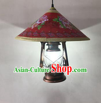 Handmade Chinese Printing Peony Red Straw Hat Lampshade Traditional Bamboo Art Lanterns Chimney Handmade Chinese Printing Peony Red Straw Hat Lampshade Traditional Bamboo Art Lanterns Chimney