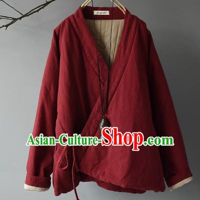 Traditional Chinese Tang Suit Red Cotton Padded Jacket Blogger Li Ziqi Flax Overcoat Costume for Women