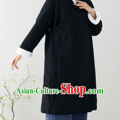 Traditional Chinese Tang Suit Black Qipao Dress Blogger Li Ziqi Flax Overcoat Costume for Women