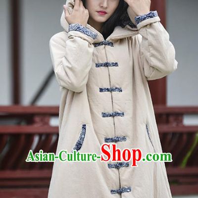 Traditional Chinese Tang Suit Beige Cotton Padded Coat Blogger Li Ziqi Hooded Overcoat Costume for Women