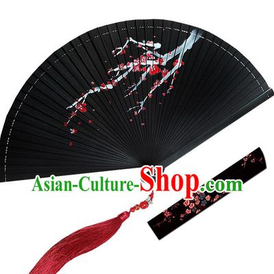 Chinese Traditional Black Folding Fans Hand Painting Plum Wood Accordion Fan