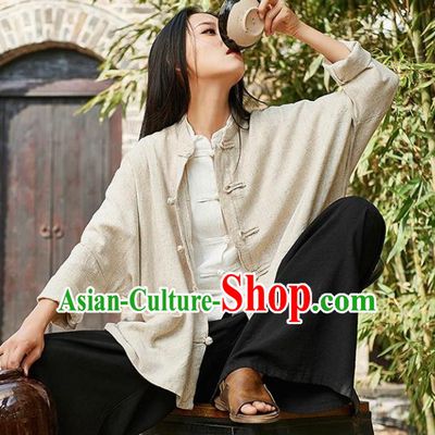 Traditional Chinese Tang Suit Overcoat Li Ziqi Beige Flax Jacket Costume for Women