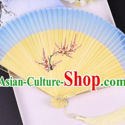 Chinese Traditional Painting Plum Light Blue Folding Fans Hand Bamboo Accordion Fan