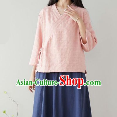 Traditional Chinese Pink Flax Shirt Li Ziqi Tang Suit Blouse Upper Outer Garment Costume for Women
