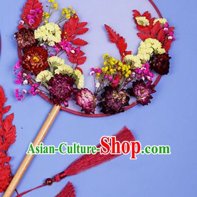 Chinese Traditional Red Flowers Palace Fans Handmade Round Fan for Women