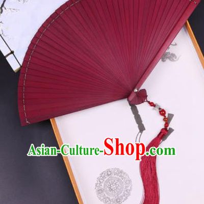 Chinese Traditional Classical Dance Wine Red Folding Fans Handmade Bamboo Accordion Fan