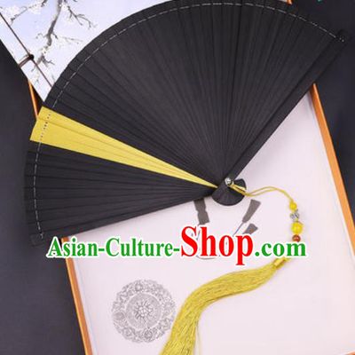 Chinese Traditional Classical Dance Black and Yellow Folding Fans Handmade Bamboo Accordion Fan
