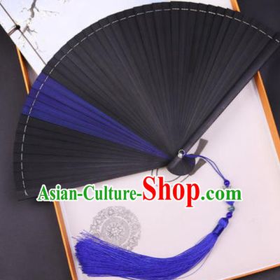 Chinese Traditional Classical Dance Black and Blue Folding Fans Handmade Bamboo Accordion Fan