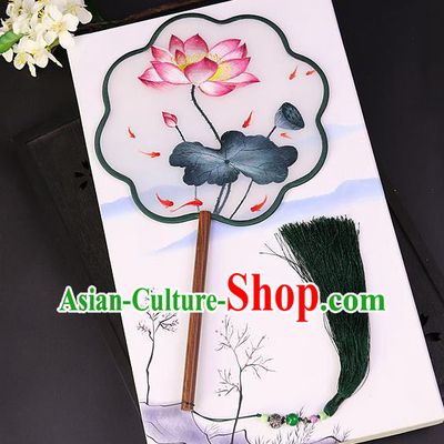 Chinese Traditional Su Embroidered Lotus Palace Fans Handmade Rosewood Silk Fan for Women