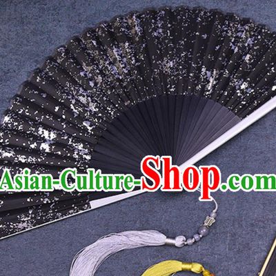Chinese Traditional Classical Dance Black Silk Folding Fans Handmade Accordion Bamboo Fan