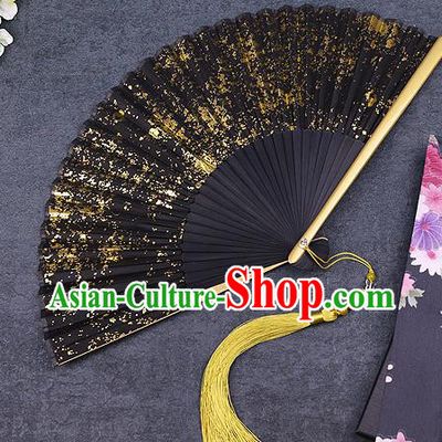 Chinese Traditional Classical Dance Black Silk with Gold Folding Fans Handmade Accordion Bamboo Fan