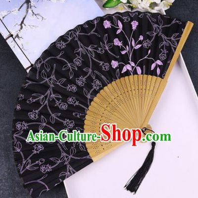 Chinese Traditional Classical Dance Printing Black Silk Folding Fans Handmade Accordion Bamboo Fan