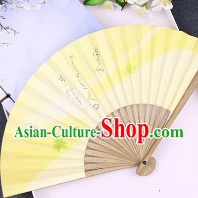 Chinese Traditional Yellow Paper Folding Fans Handmade Accordion Bamboo Fan