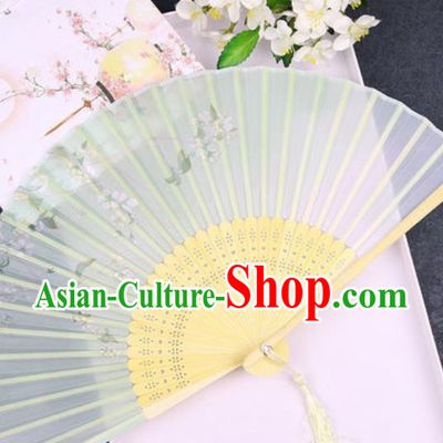 Chinese Traditional Classical Dance Printing Green Silk Folding Fans Handmade Accordion Bamboo Fan