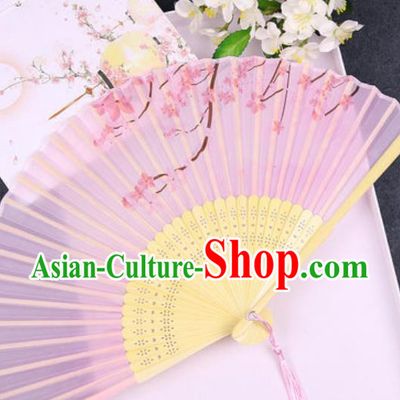 Chinese Traditional Classical Dance Printing Pink Silk Folding Fans Handmade Accordion Bamboo Fan