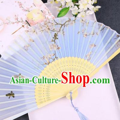Chinese Traditional Classical Dance Printing Blue Silk Folding Fans Handmade Accordion Bamboo Fan