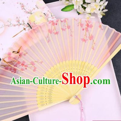 Chinese Traditional Classical Dance Printing Peach Blossom Pink Silk Folding Fans Handmade Accordion Bamboo Fan