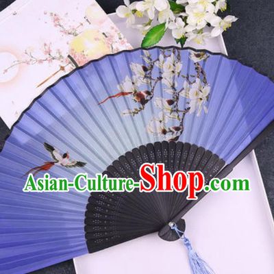 Chinese Traditional Classical Dance Printing Mangnolia Blue Silk Folding Fans Handmade Accordion Bamboo Fan