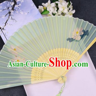 Chinese Traditional Classical Dance Printing Lotus Green Silk Folding Fans Handmade Accordion Bamboo Fan