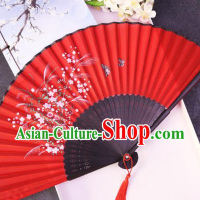 Chinese Traditional Classical Dance Printing Flowers Butterfly Red Silk Folding Fans Handmade Accordion Bamboo Fan