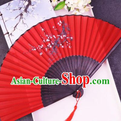 Chinese Traditional Classical Dance Printing Plum Red Silk Folding Fans Handmade Accordion Bamboo Fan