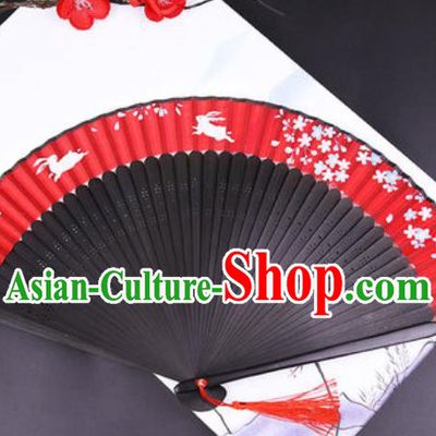 Chinese Traditional Painting Rabbit Red Silk Folding Fans Handmade Accordion Classical Dance Bamboo Fan