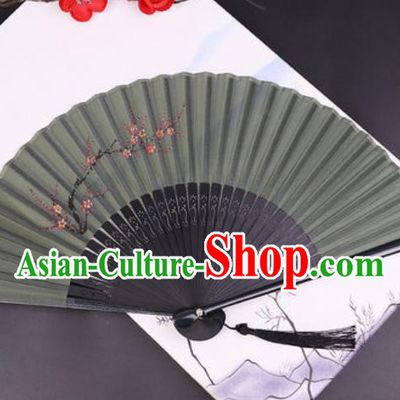 Chinese Traditional Painting Plum Atrovirens Silk Folding Fans Handmade Accordion Classical Dance Bamboo Fan