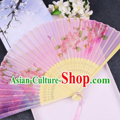 Chinese Traditional Classical Dance Printing Peach Blossom Pink Silk Folding Fans Handmade Accordion Bamboo Fan