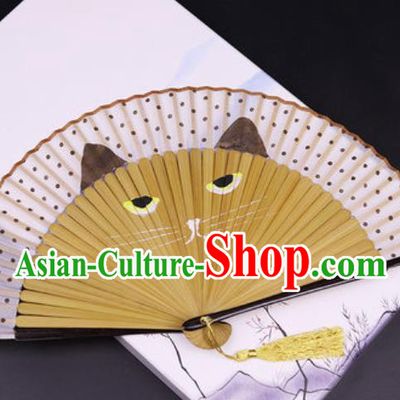 Chinese Traditional Painting Cat Silk Folding Fans Handmade Accordion Classical Dance Bamboo Fan