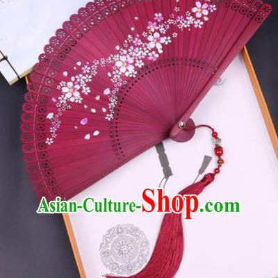 Chinese Traditional Painting Sakura Red Bamboo Folding Fans Handmade Accordion Classical Dance Fan