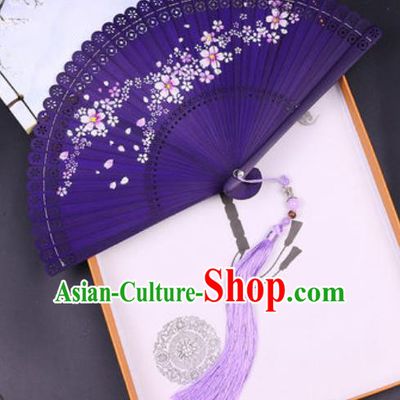 Chinese Traditional Painting Sakura Purple Bamboo Folding Fans Handmade Accordion Classical Dance Fan