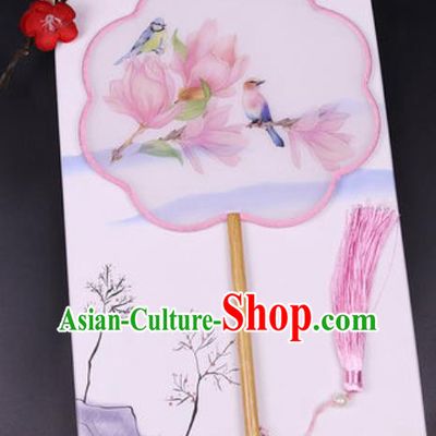 Chinese Traditional Painting Pink Mangnolia Palace Fans Handmade Classical Dance Silk Fan for Women
