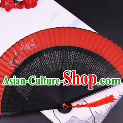 Chinese Traditional Painting Red Plum Blossom Red Silk Folding Fans Handmade Accordion Classical Dance Bamboo Fan